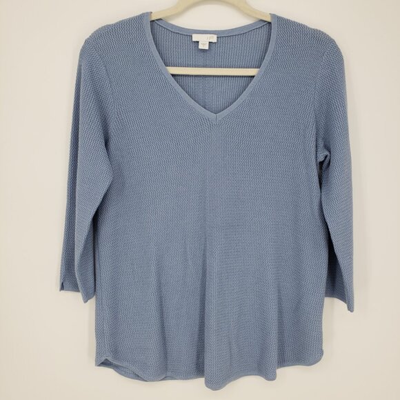 J. Jill Cotton Textured Knit Sweater S V Neck Light Blue 3/4 Sleeves - Picture 1 of 7